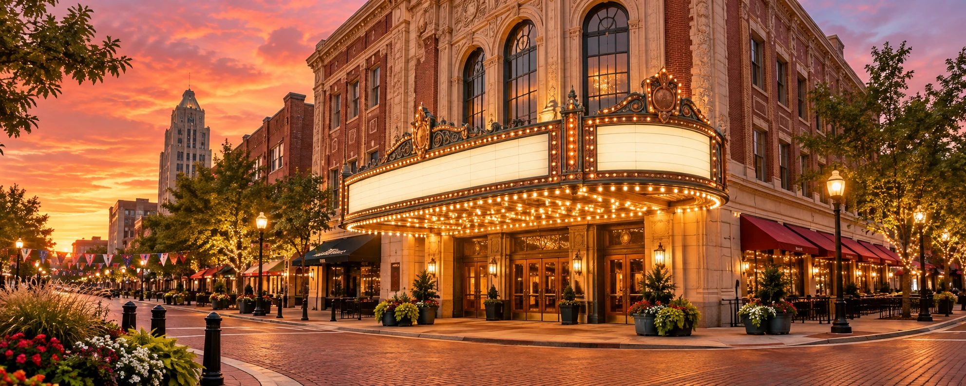 Wichita-inspired historic theater with glowing canopy lights along a brick street at sunset