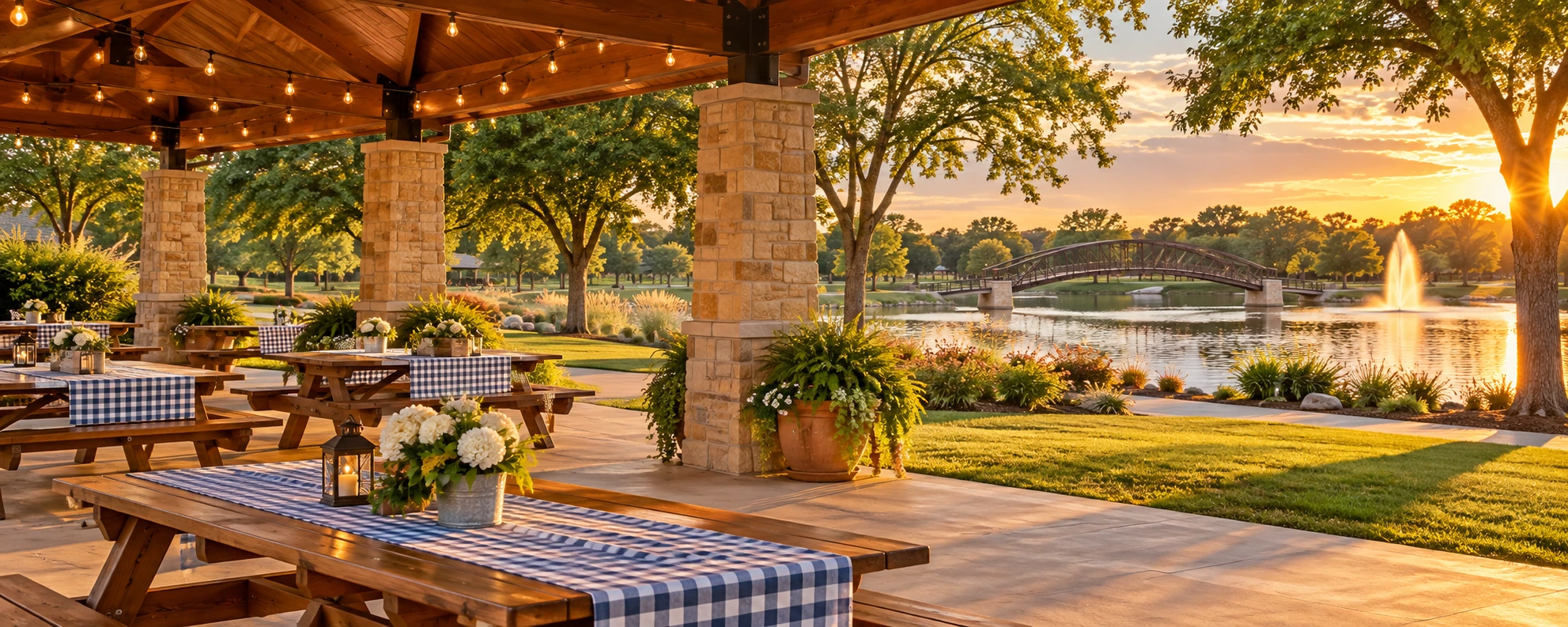 Wichita-inspired lakeside park pavilion with picnic tables prepared for a family gathering