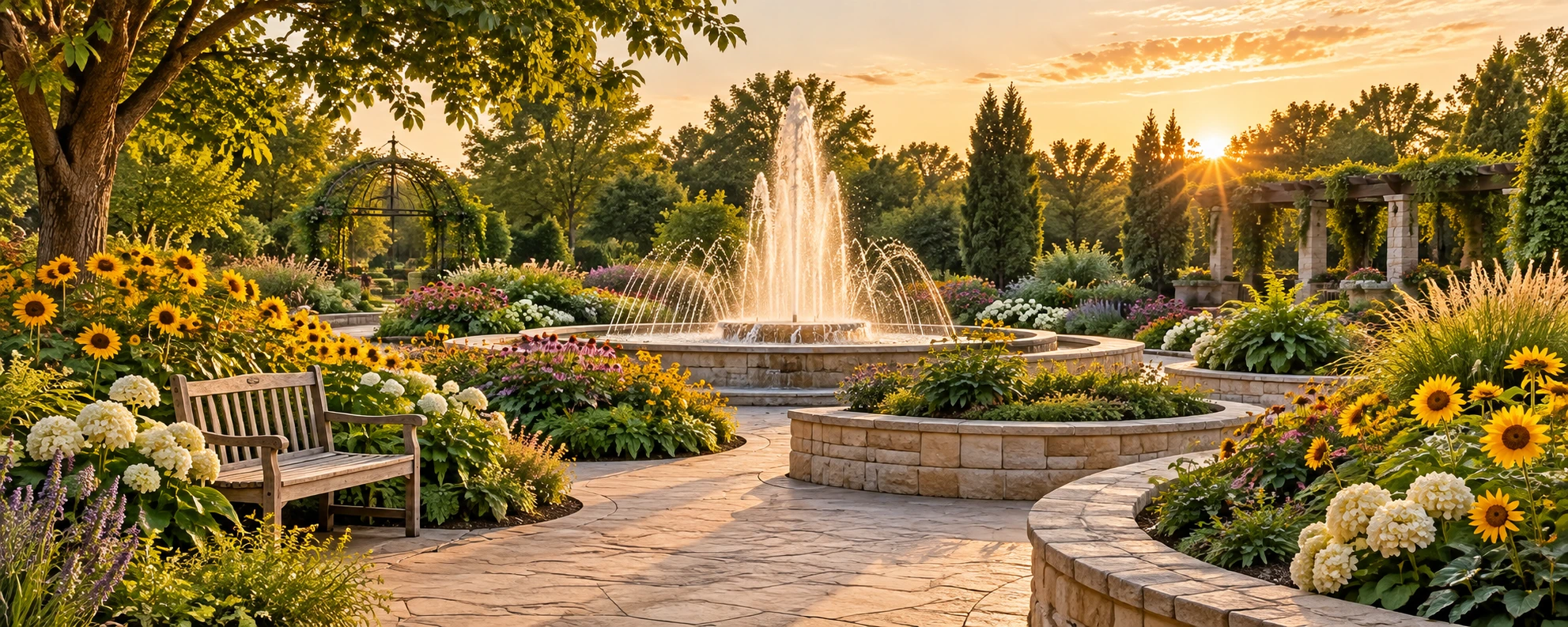 Wichita-inspired botanical garden with a fountain, sunflowers and welcoming garden paths