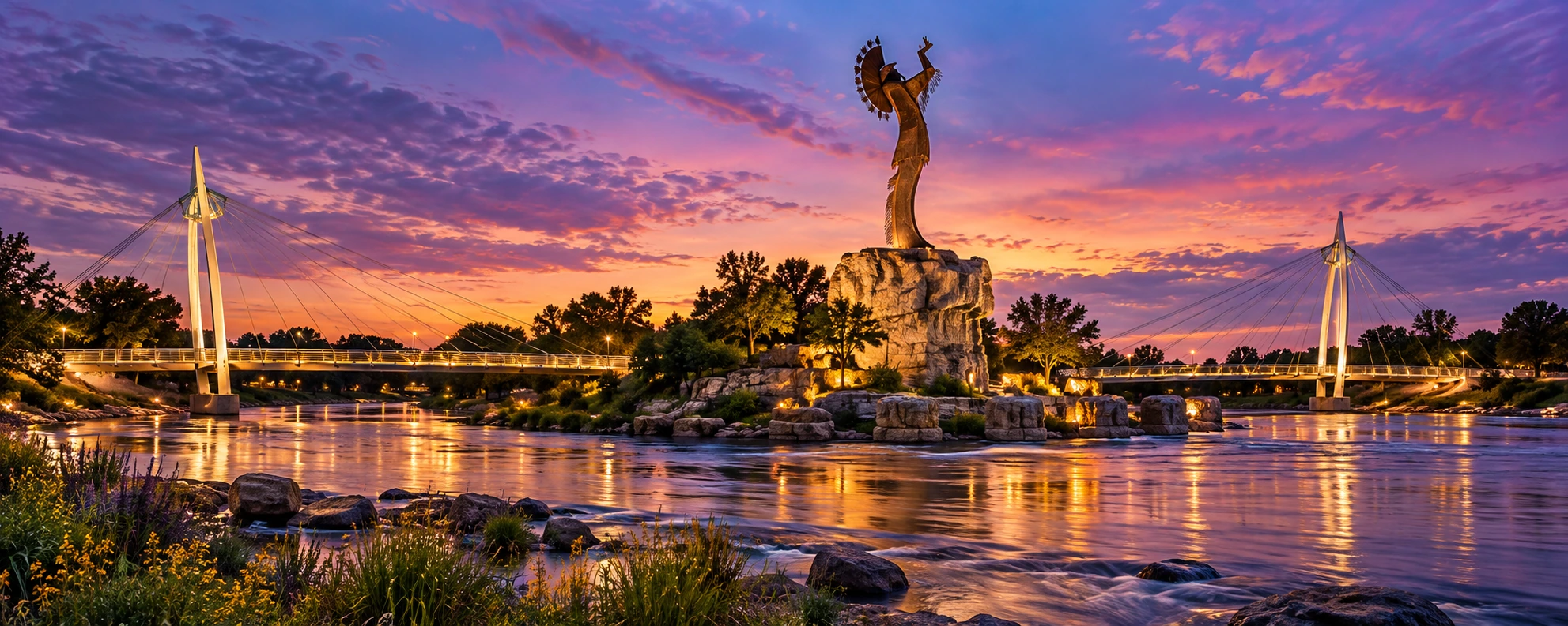 Wichita-inspired Keeper of the Plains riverfront with pedestrian bridges reflected at violet twilight