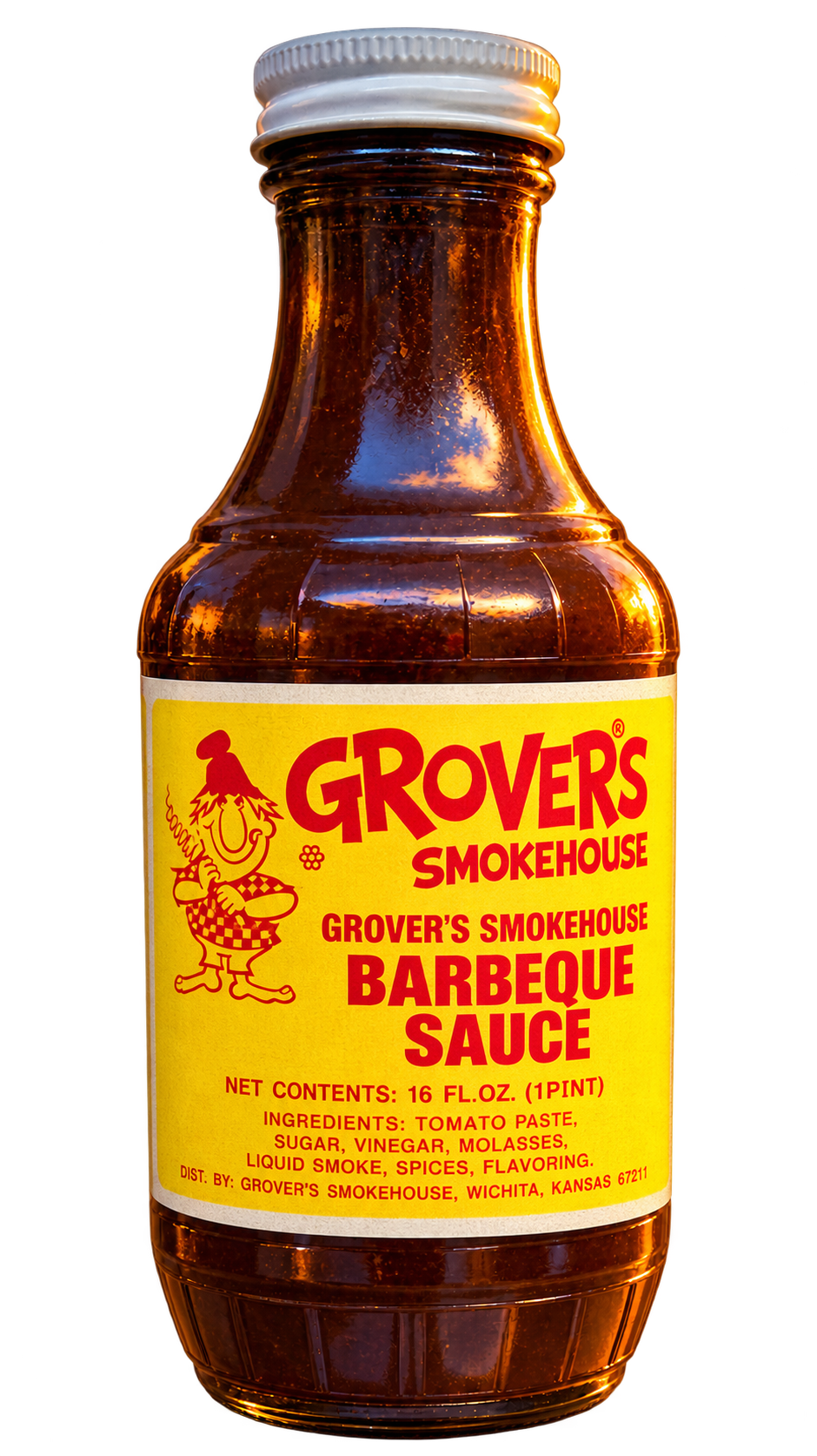 Grover’s Smokehouse barbecue sauce with the yellow and red label beside the ribs
