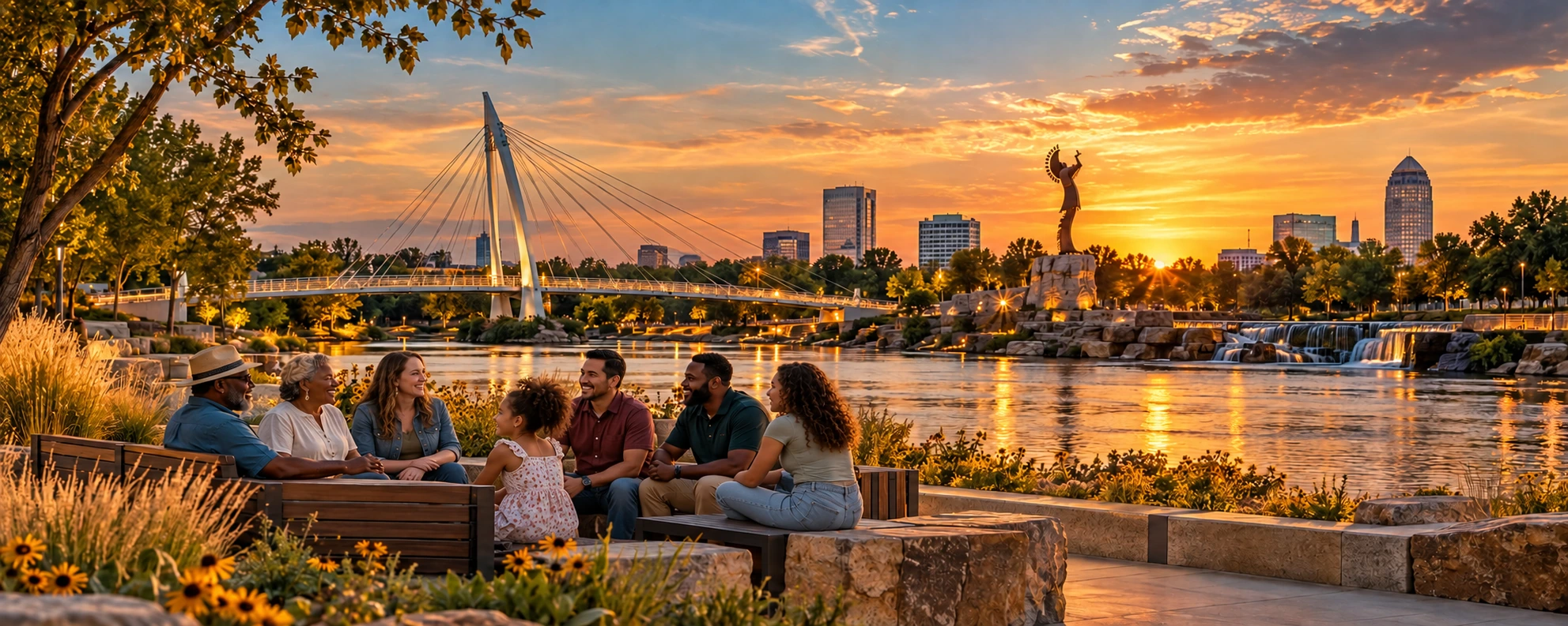 Wichita-inspired riverfront at golden sunset, with a multigenerational, multiracial family chatting beside a pedestrian bridge and Keeper of the Plains inspired landmark