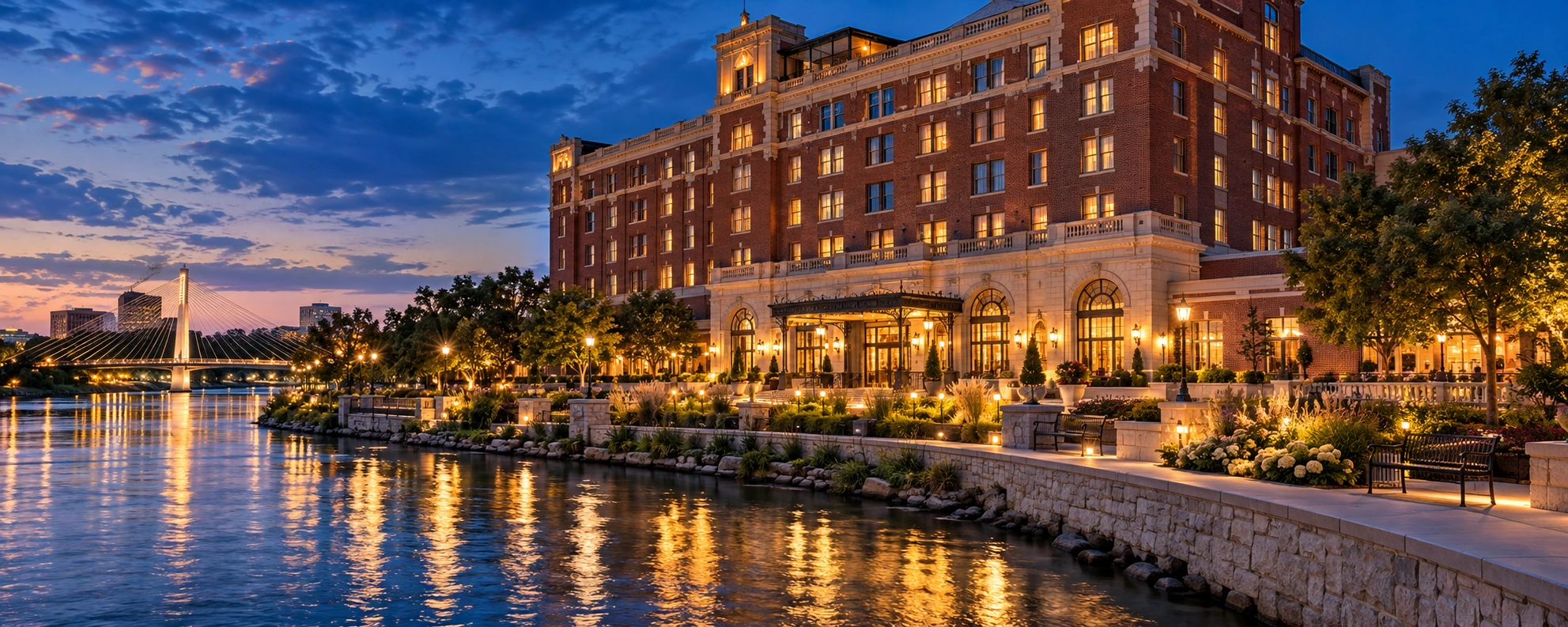 Wichita-inspired historic brick hotel beside a warmly lit riverfront at dusk