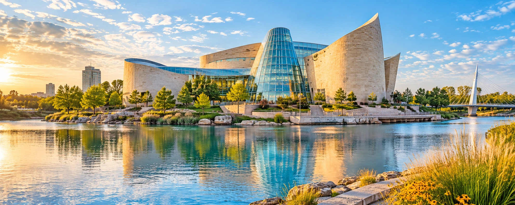 Wichita-inspired sculptural science museum beside a bright riverfront and native prairie grasses