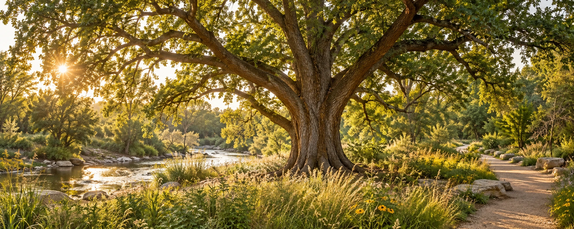Wichita-inspired creekside woodland with a broad mature tree and sunlit nature path