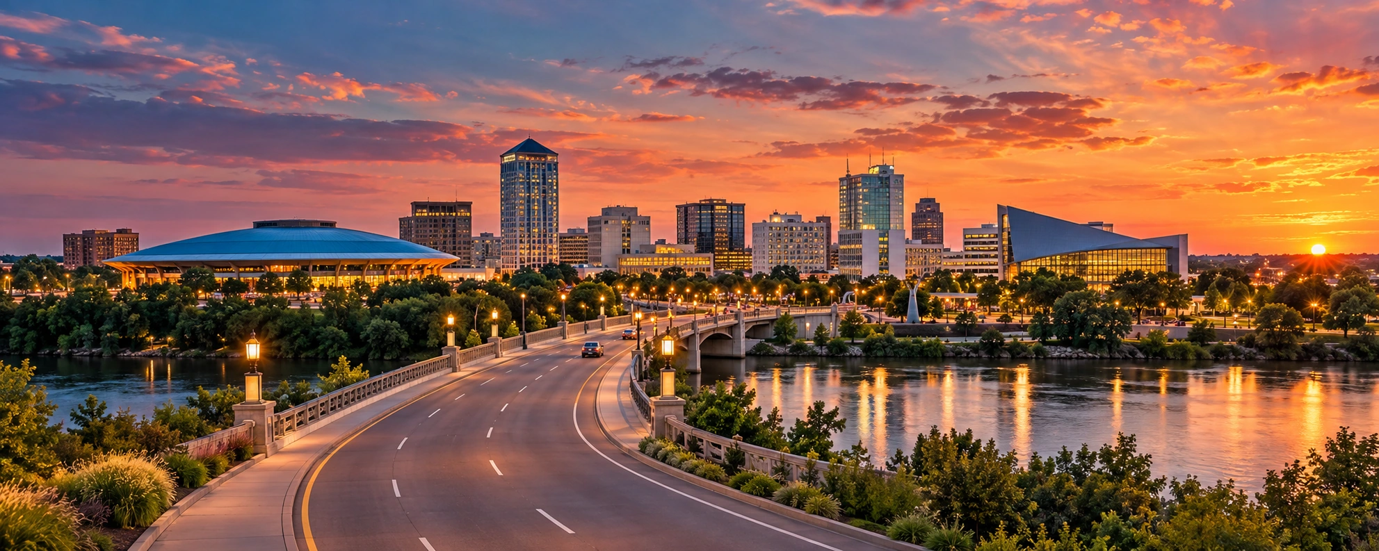 Wichita-inspired arrival artwork with a bridge leading toward the downtown skyline at sunset