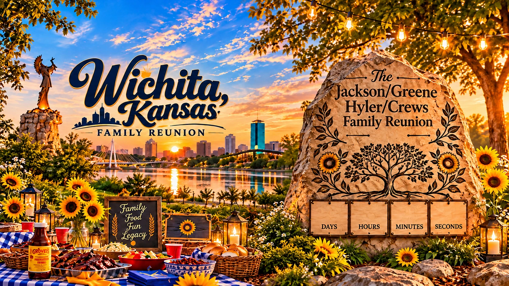 Wichita, Kansas reunion picnic beside the river at sunset, with balloons, sunflowers, one Grover’s sauce bottle, and the Jackson/Greene and Hyler/Crews family countdown stone