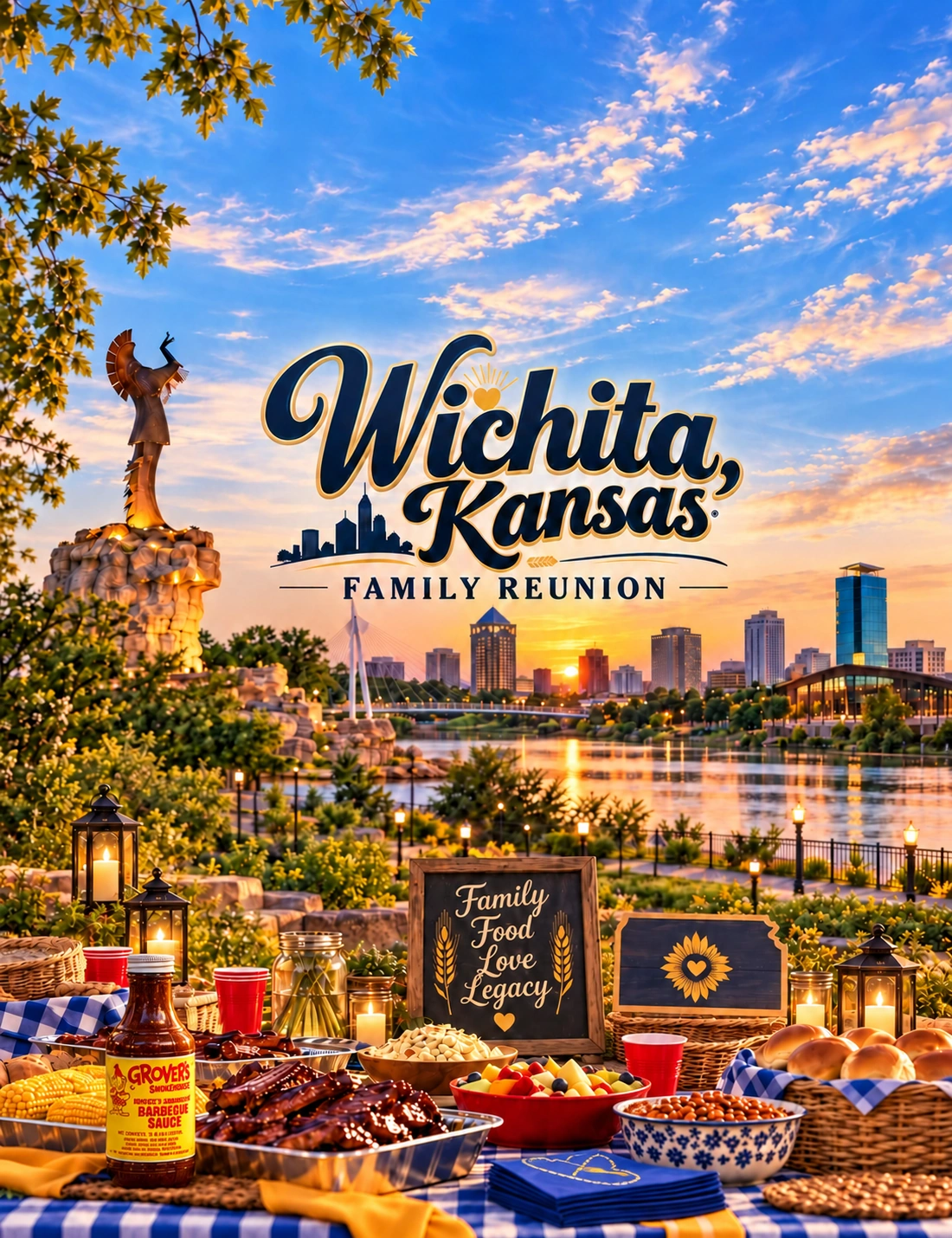 Wichita, Kansas family reunion picnic at sunset with one yellow-label Grover’s barbecue sauce bottle resting naturally on the left side of the table, sunflowers, party balloons, and Jackson / Greene Family and Hyler / Crews Family hot-air balloons.